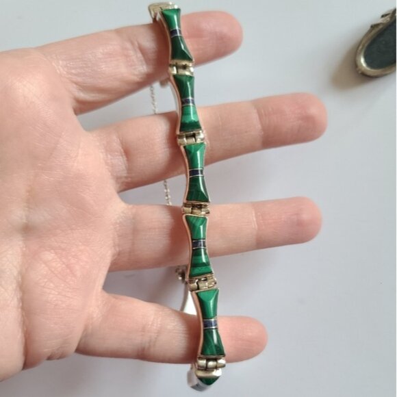 Vintage Taxco Sterling Silver Green Agate Quiet Luxury Tennis Prep Boho Bracelet - Picture 2 of 6